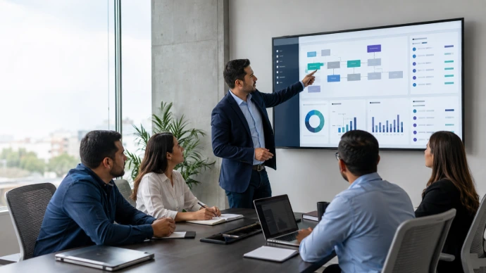 Equipo empresarial definiendo una nueva implementación de Odoo